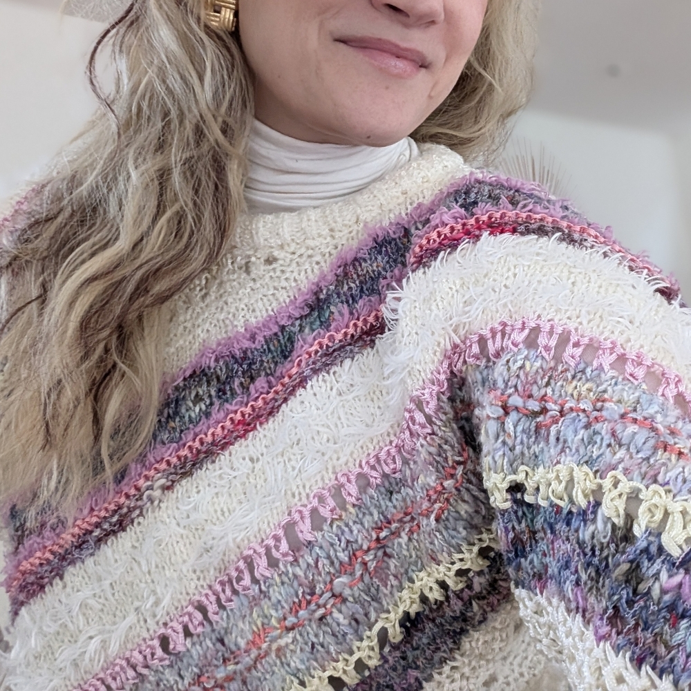Vintage Multicolor Pink Purple White Striped Women's Sweater Medium